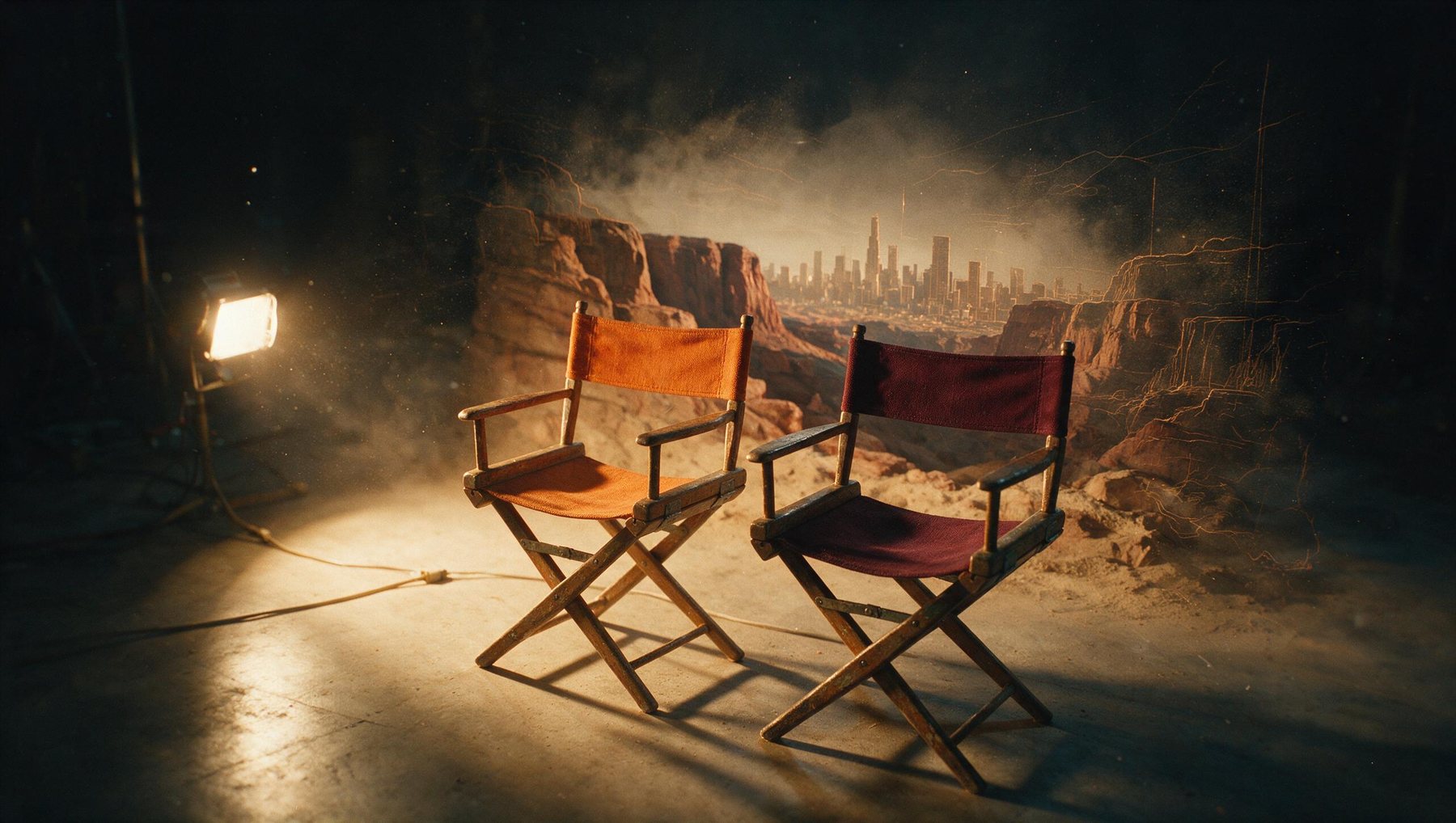 Dos sillas de director en un set donde el mundo todavía se está formando