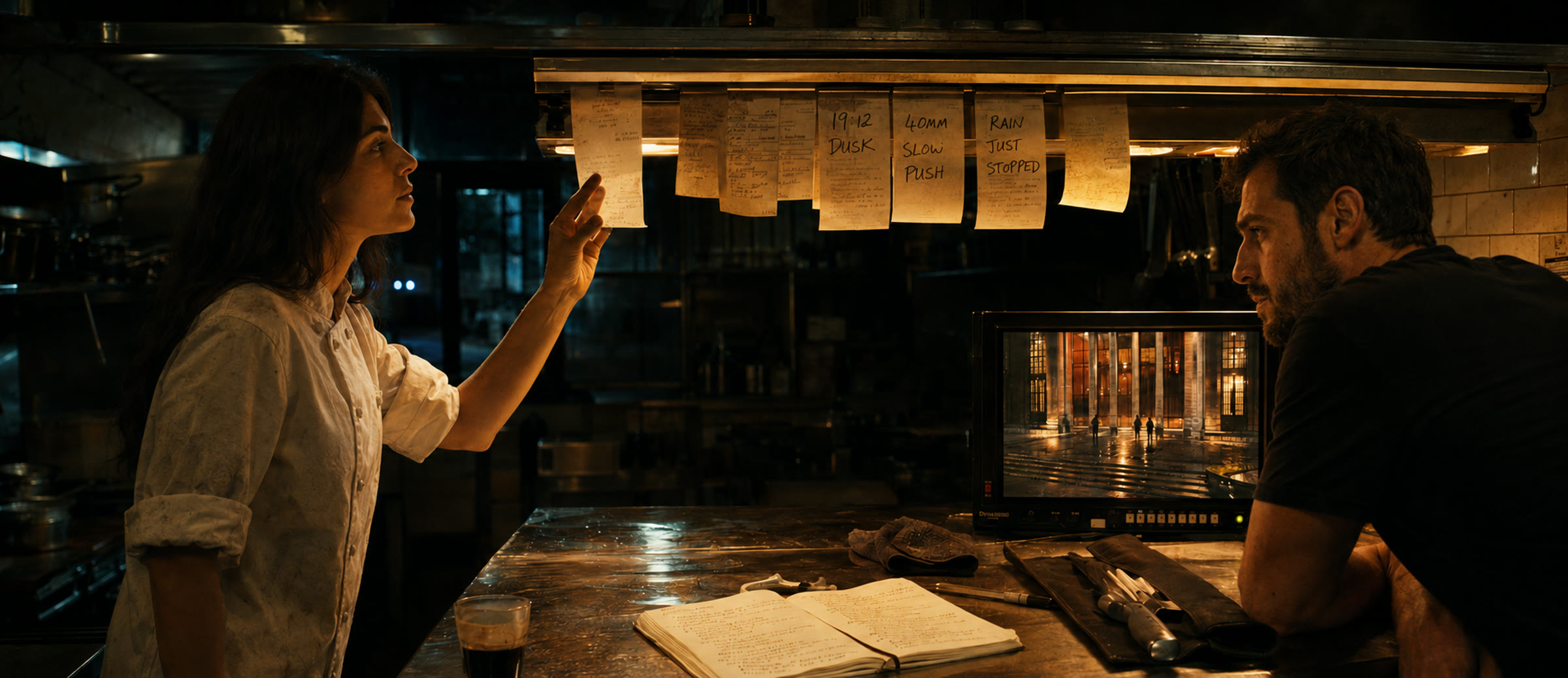 Maria Rosa y Diogo en el pase de una cocina, leyendo indicaciones de plano escritas en comandas junto a un monitor