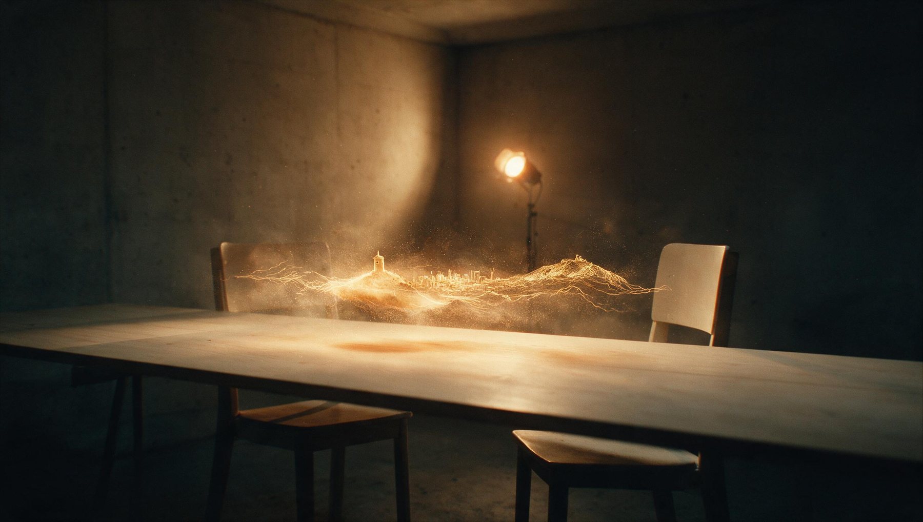 Una mesa de reunión vacía con un proyecto formándose en luz sobre ella