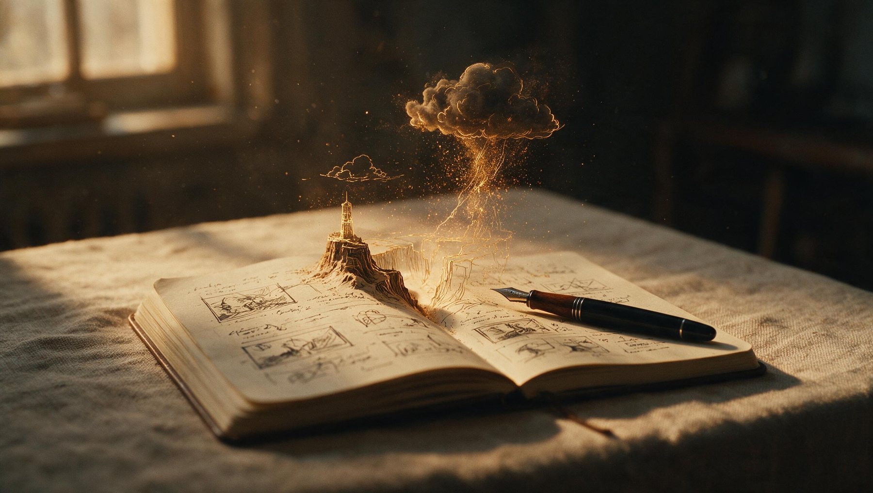 An open notebook with a small world rising off the page in light