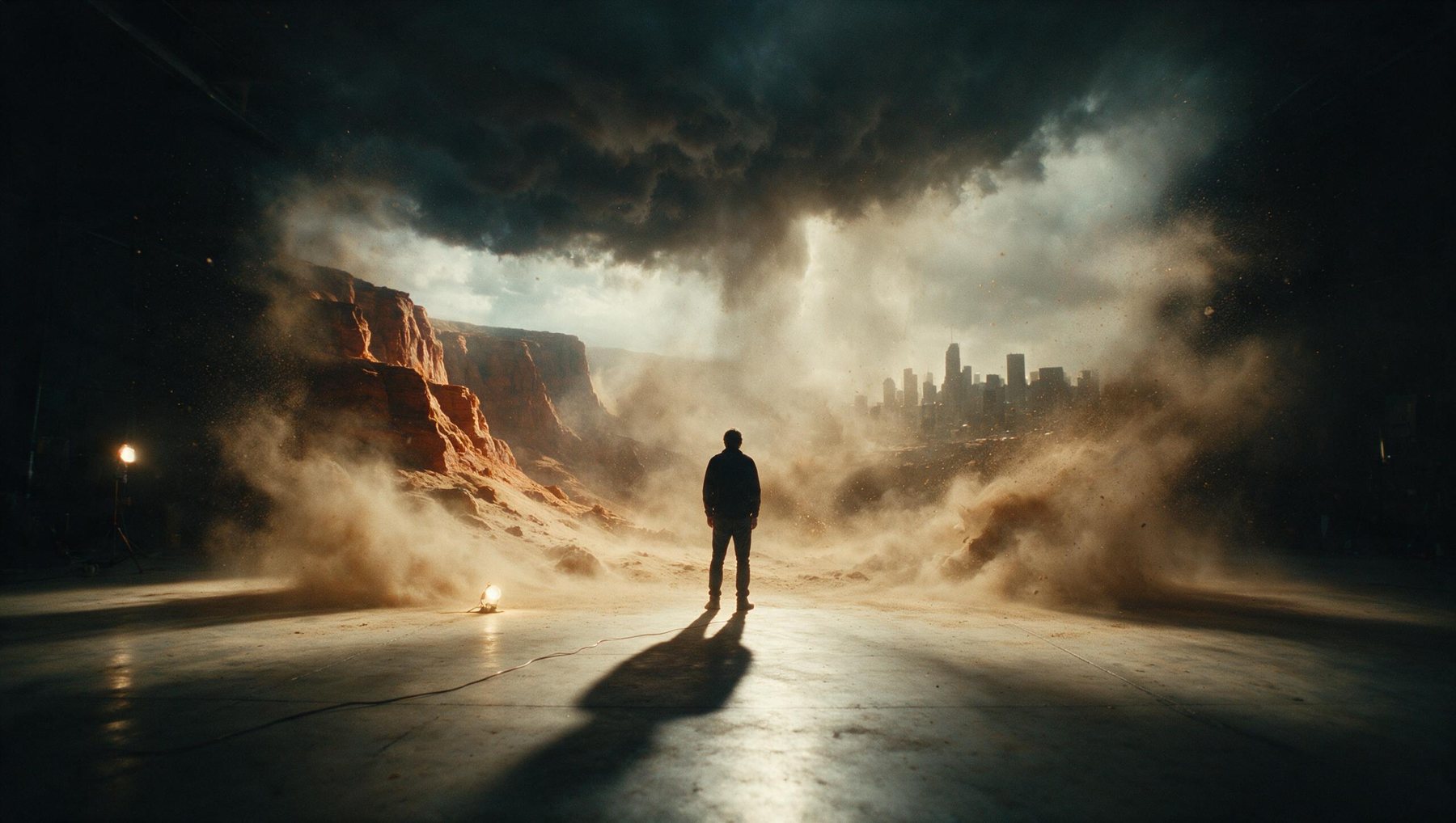 A director standing in a studio while the world of the film forms around them