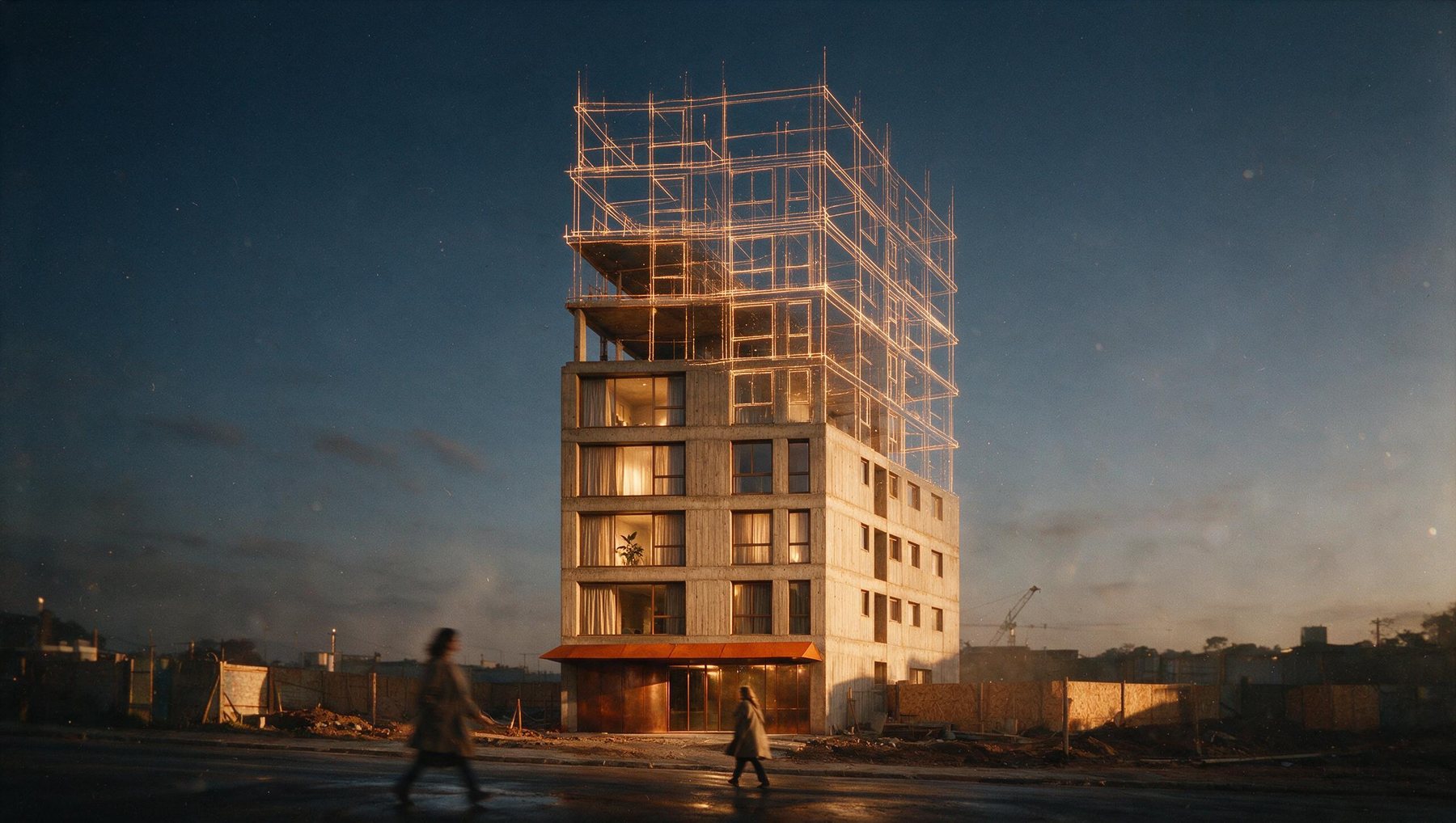 A tower half built and half drawn in light, on a construction site at dusk