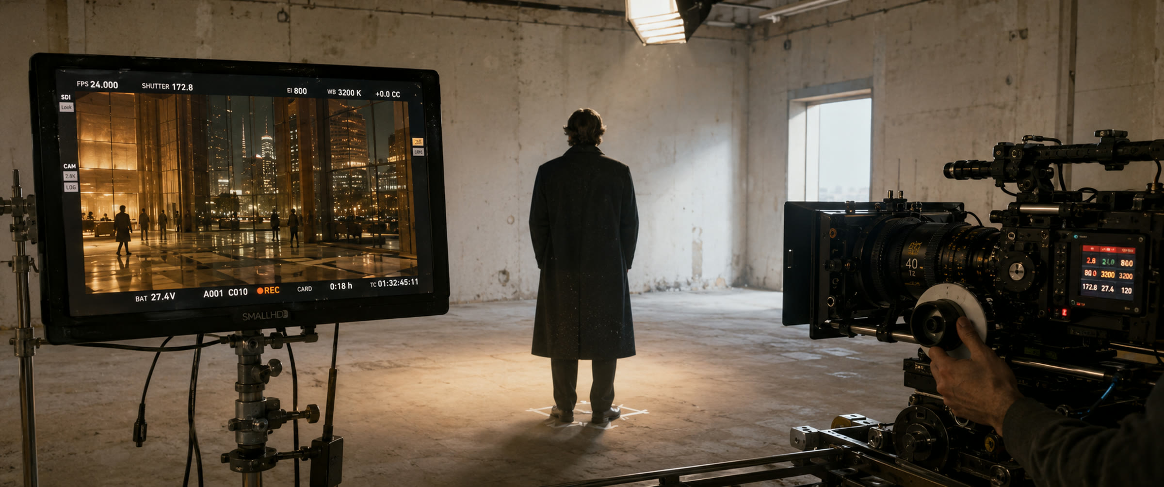 A film camera pointed at a lone figure in a bare concrete room while the monitor beside them holds the finished building at dusk