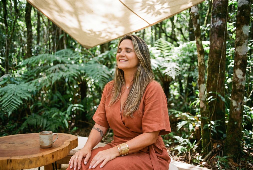 Retrato sereno em floresta