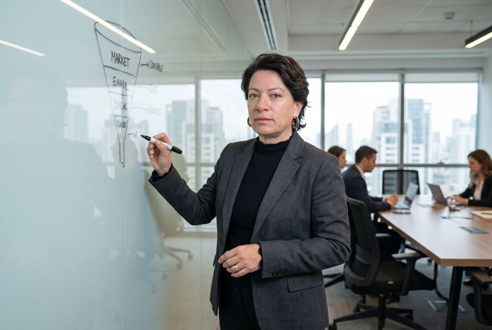 Executiva desenhando funil no vidro